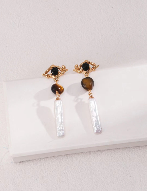 Sterling Silver Tiger Eye Pearl Earrings